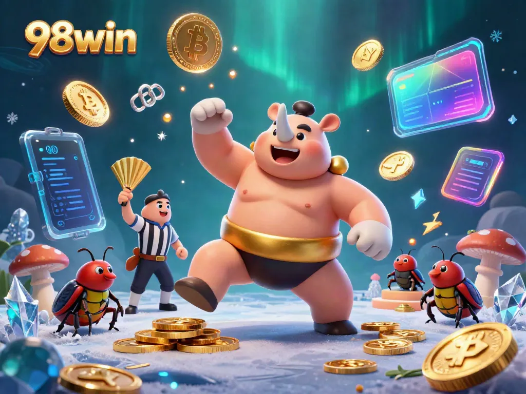 The 98win sumo beetle champion stomps and sends flaming golden coins flying in a vibrant casino scene.