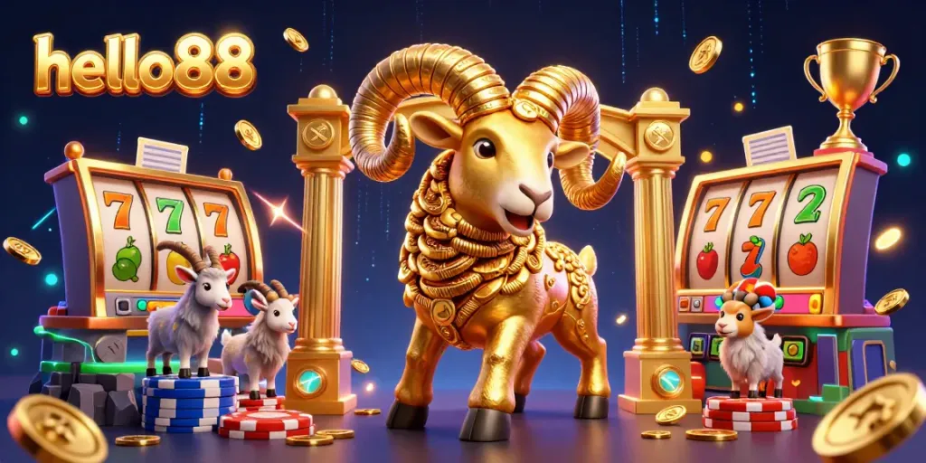 Experience the excitement of hello88 with a dynamic golden ram charging through a casino scene.
