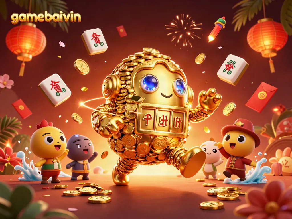 Experience thrilling casino action with the gamebaivin golden golem in a vibrant digital illustration.