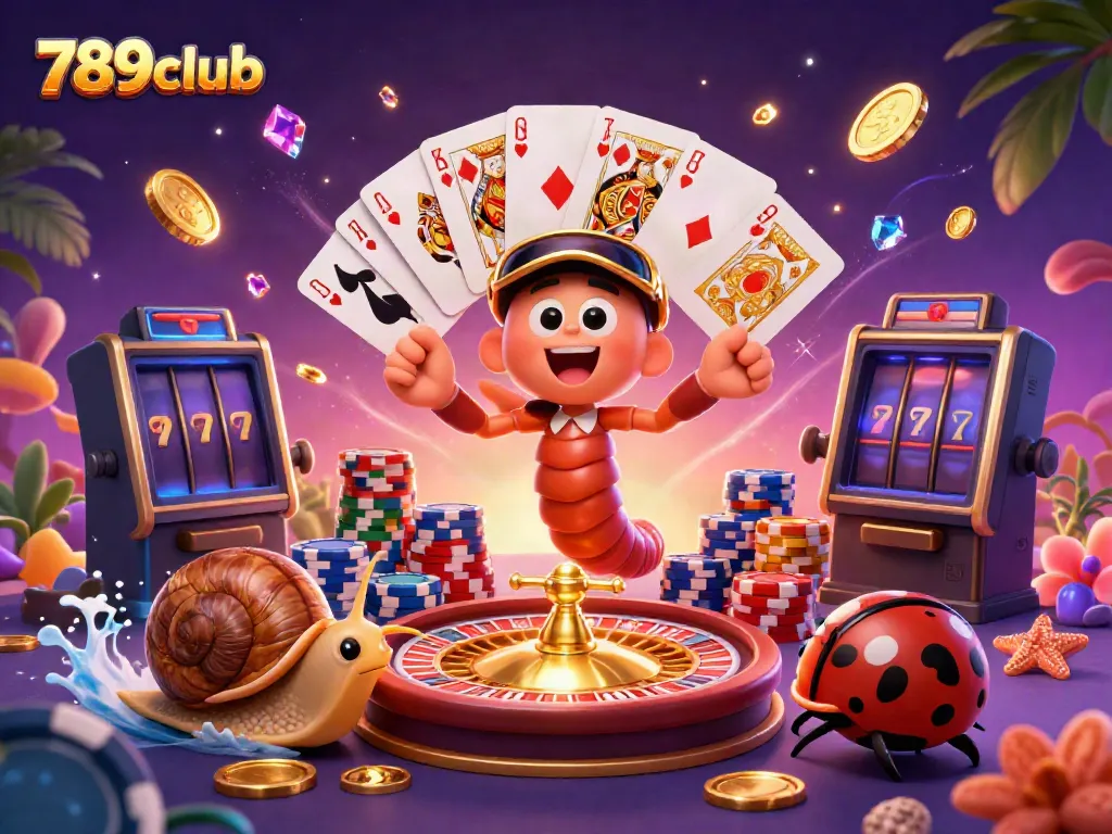 Experience the thrill of 789club with a vibrant 3D casino scene showcasing a millipede dealer, vibrant chips, and sparkling gems.