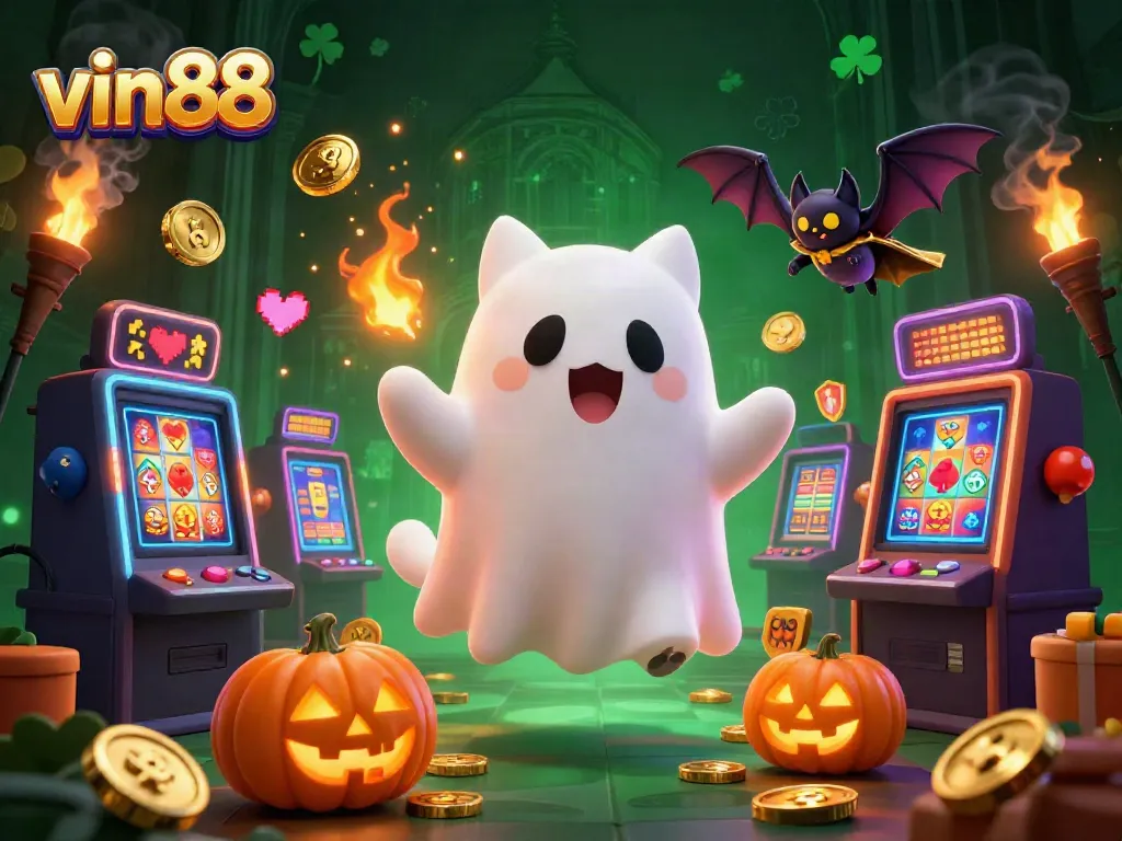 Experience fun at vin88 casino with a ghost cat and bat surrounded by lively slot machines.