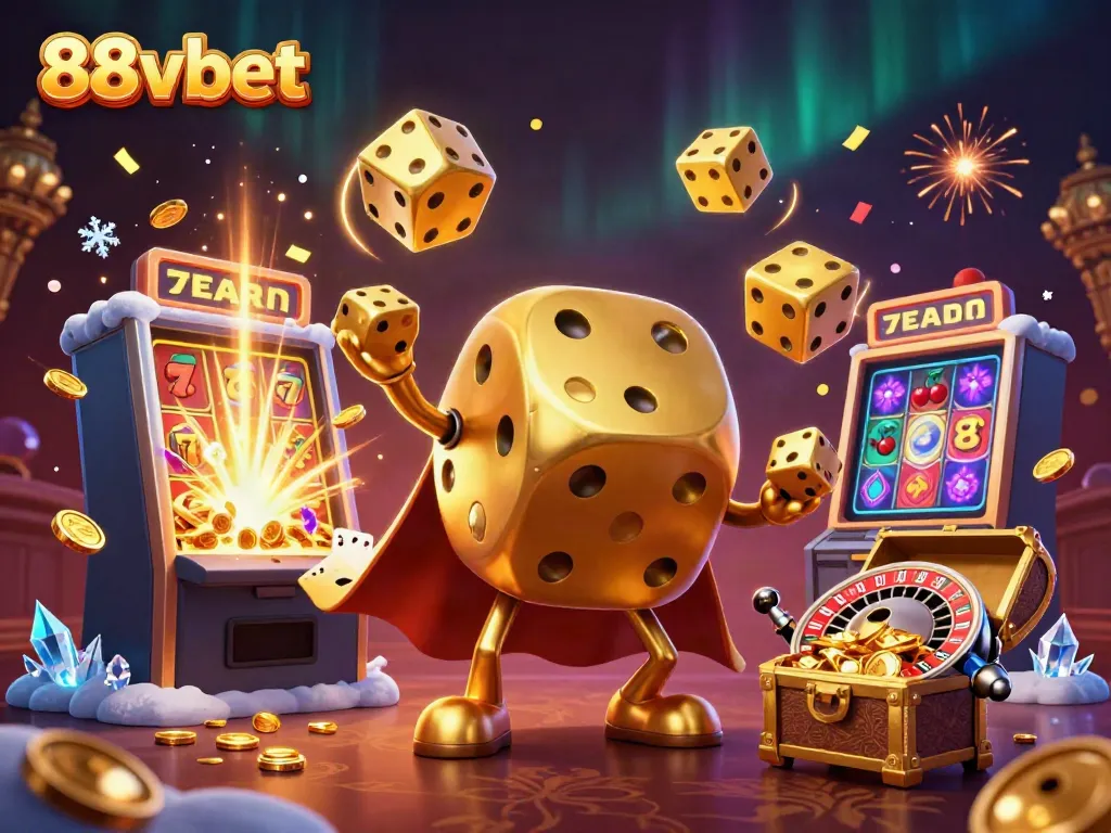 Experience the excitement of 88vbet with a dynamic 3D casino scene featuring golden dice and slot machines.