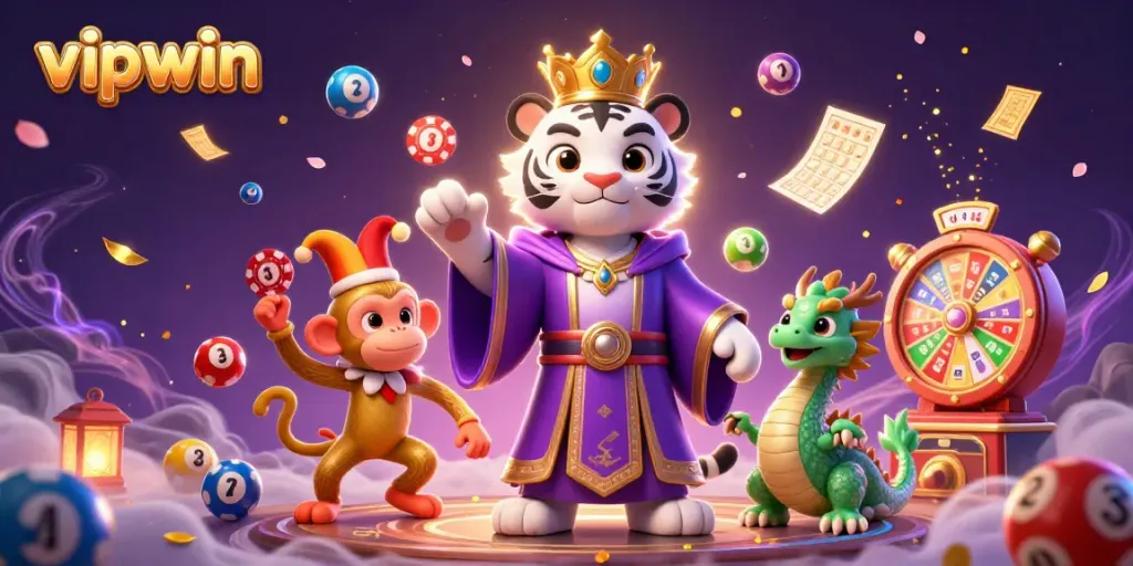 Join the fun at vipwin with an engaging illustration featuring a white tiger, jester monkey, and jade dragon amidst casino elements.