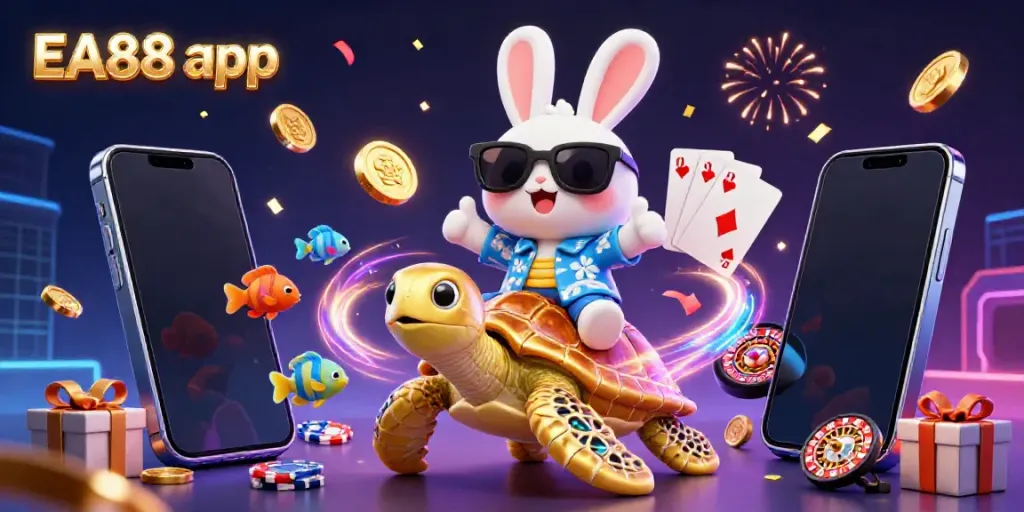 Engage with the EA88 app in a vibrant casino scene featuring a lucky rabbit and a golden turtle.