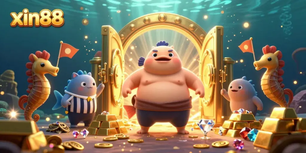 Experience thrilling underwater gaming with xin88 in a vibrant 3D illustration featuring a sumo blowfish and treasure.