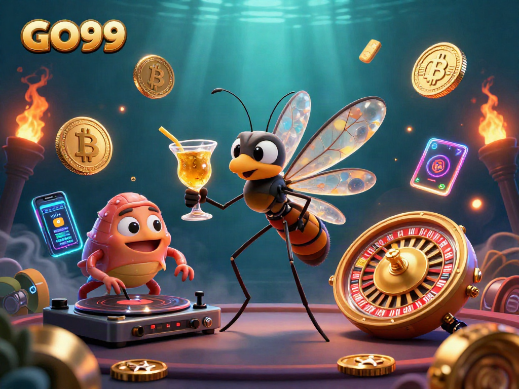 Engage with GO99, where a casino mascot and trilobite DJ create a vibrant gambling atmosphere.