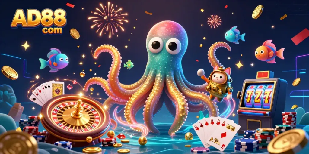 Experience the thrill of AD88 com with a vibrant 3D casino scene showcasing a kraken and treasures.