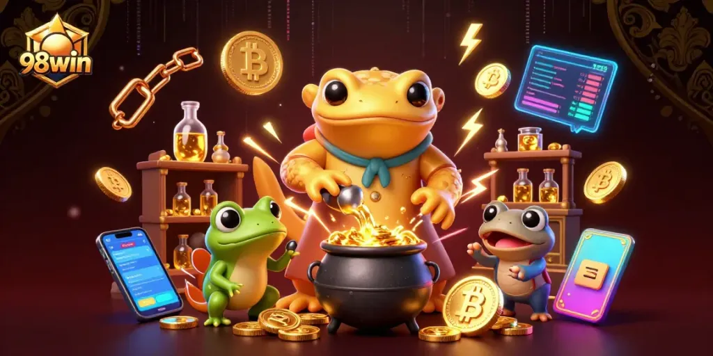 Engage with 98win through this vibrant illustration showcasing a captivating 3D casino scene.