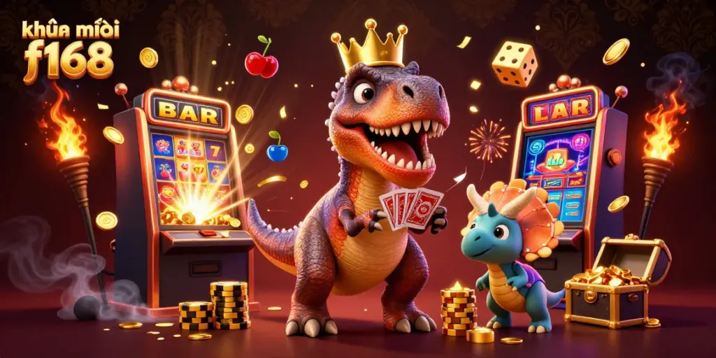 Engage with the exciting khuyến mãi f168 scene featuring a T-Rex shuffling cards and friends amidst casino elements.