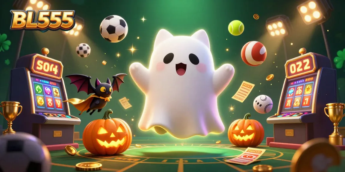 Immerse in an exciting BL555 casino scene with a floating ghost cat, vibrant sports elements, and glowing jack-o-lanterns.