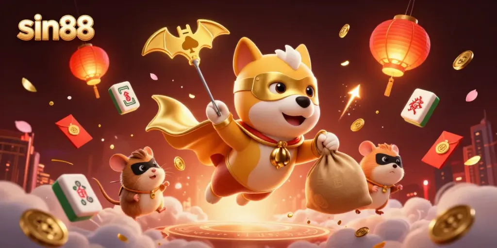 sin88 showcases a superhero dog flying with gold coins amidst vibrant casino elements.