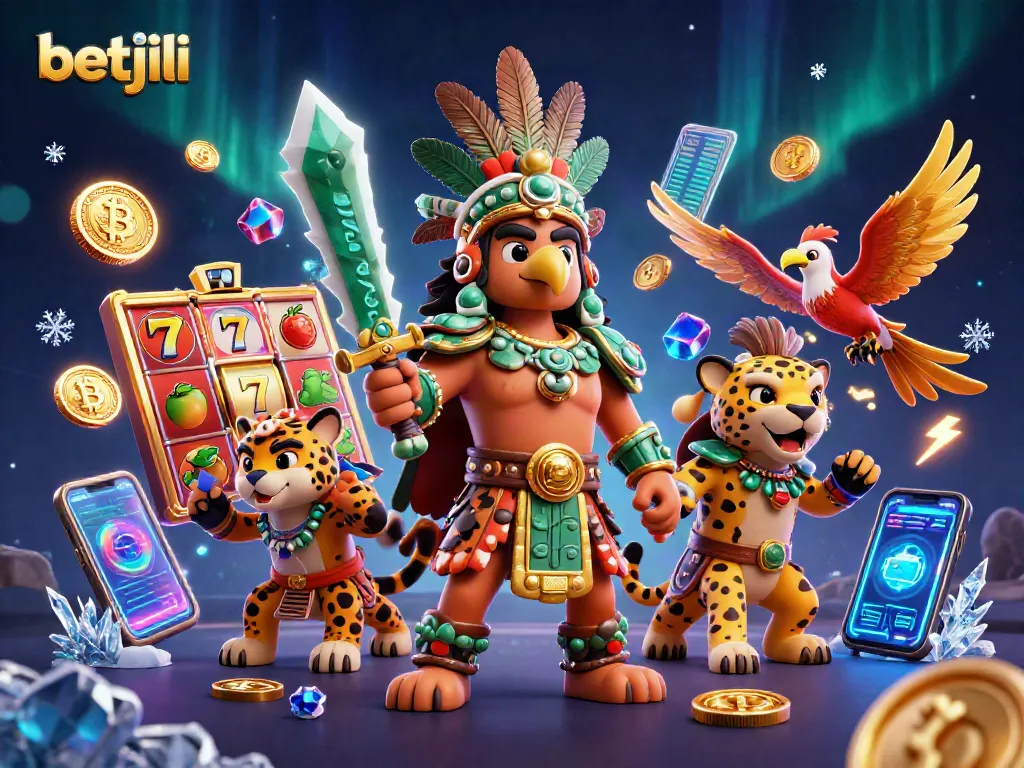 Engage in thrilling slots at betjili with a vibrant 3D illustration of Aztec warriors and jackpot elements.