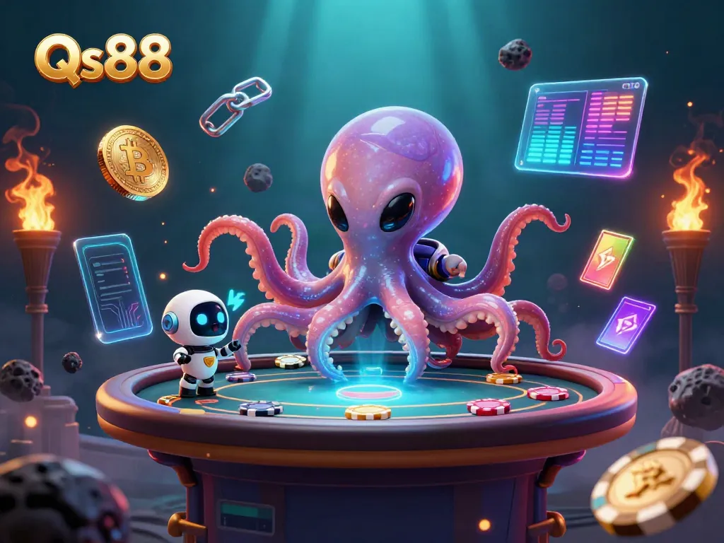 Experience thrilling gameplay at Qs88 with a vibrant alien octopus hosting poker in an immersive digital universe.