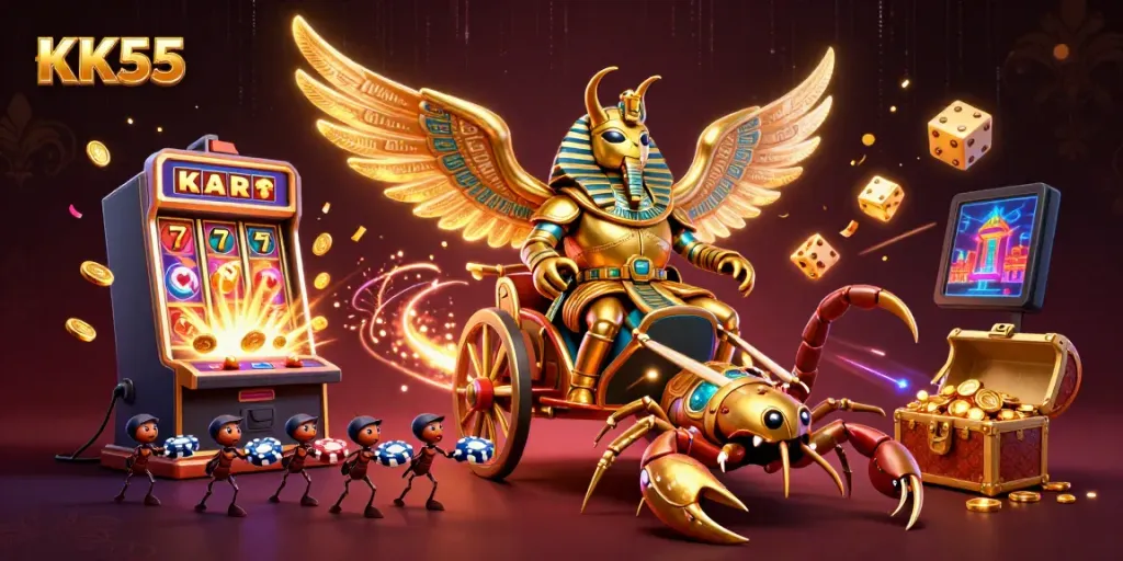 Spin the reels and win big at KK55 with this vibrant 3D casino scene featuring exciting jackpots and game elements.