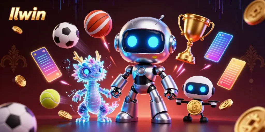 Players engage with llwin's vibrant casino gaming scene featuring high-tech characters and dynamic elements.