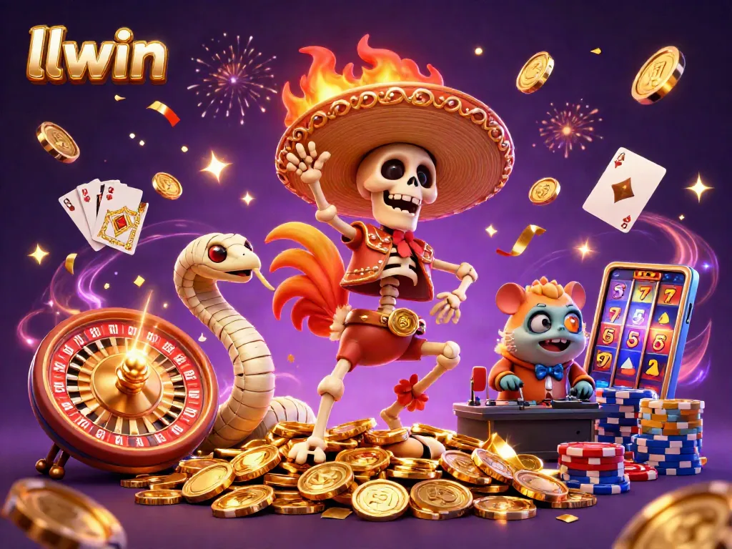 Celebrate at llwin with animated characters dancing around a vibrant casino scene filled with games.