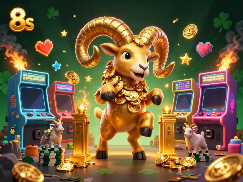 Engage in thrilling games at 8s, featuring a golden ram headbutting riches amidst a vibrant casino atmosphere.