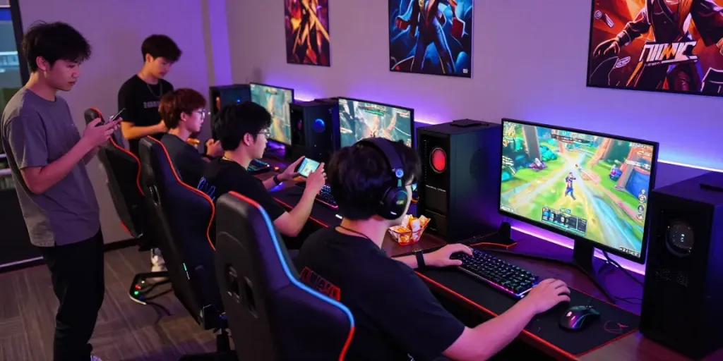 Exciting gaming community scene featuring players engaged with warung168 digital games setup.