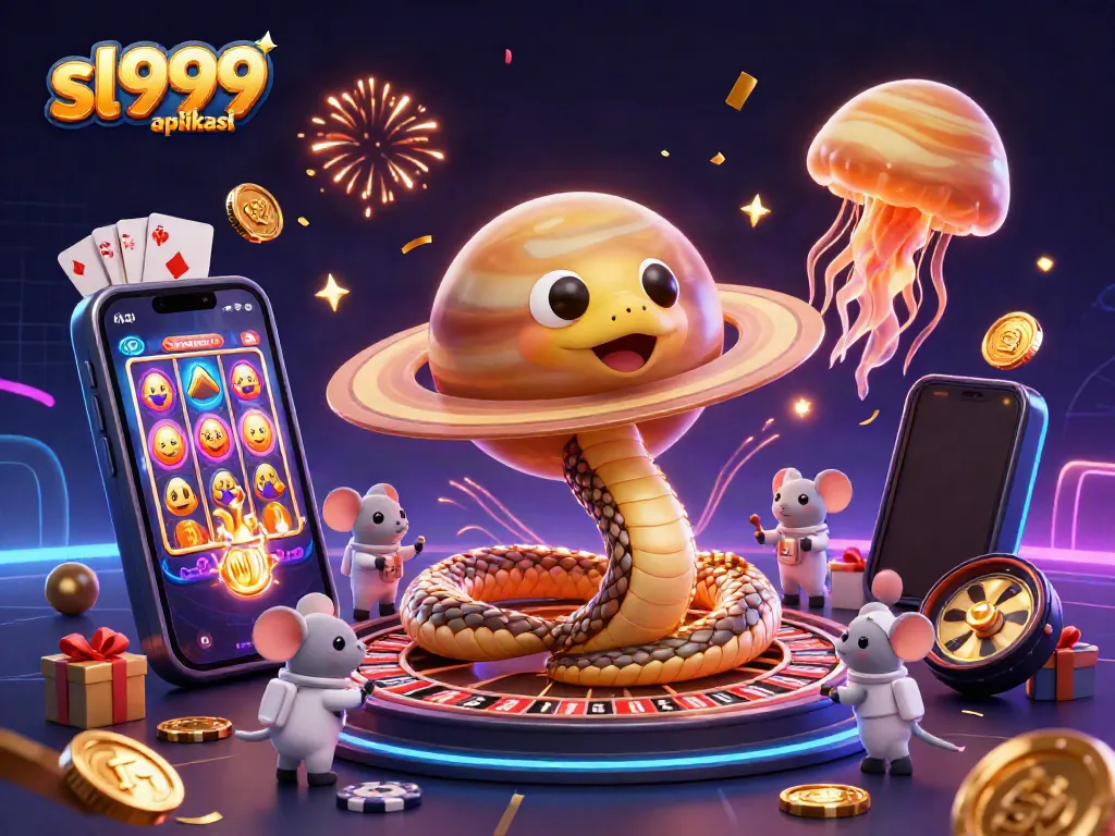 Play exciting games with sl999 aplikasi, featuring a whimsical 3D illustration of a cosmic casino scene with animated characters.