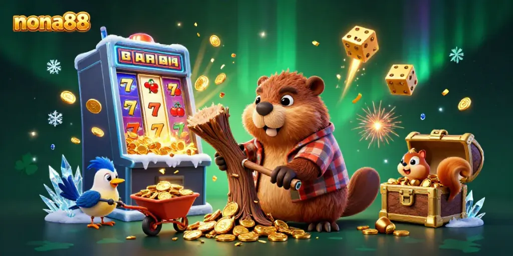 Engage with fun slots action through nona88 featuring beaver and friends gathering gold in a vibrant casino world
