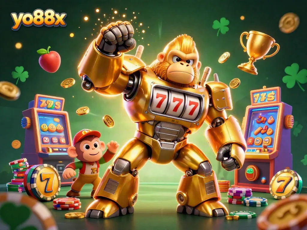 Experience thrilling gameplay with yo88x in this vibrant, dynamic casino illustration featuring a golden gorilla mech.