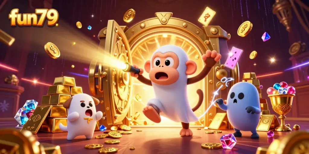 Experience the thrill of fun79 in an ultra-detailed casino scene with captivating characters and gold treasures.