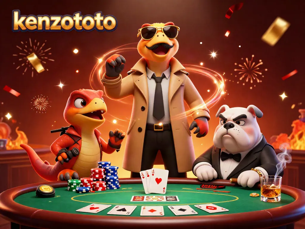 Experience the excitement of kenzototo's VIP casino with raptors sneaking in, surrounded by poker elements.