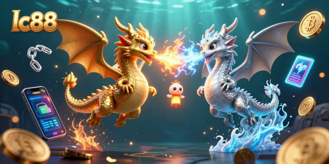 Experience thrilling gaming at lc88 with vibrant visual elements, dragons, and neon crypto icons.