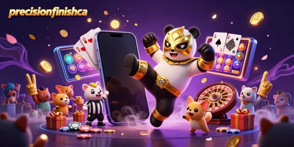 Gambarkan panda pegulat profesional dengan topeng emas melakukan tendangan, di sekeliling elemen perjudian, precisionfinishca siap menang.