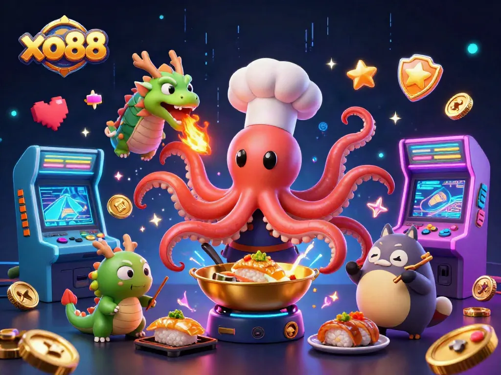 Experience excitement with xo88's vibrant 3D illustration featuring games, characters, and dynamic casino elements.