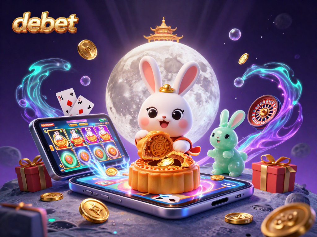 Engage in a vibrant casino scene with debet, featuring a folklore moon rabbit and dynamic slot game elements.
