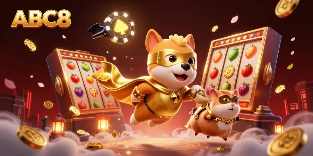 Experience thrilling wins at ABC8 with vibrant slot reels and playful characters.