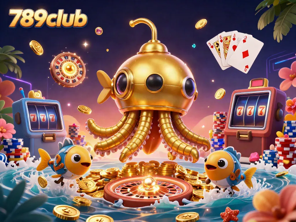 Experience thrilling wins at 789club with a dynamic 3D casino scene featuring golden treasures and vibrant game elements.