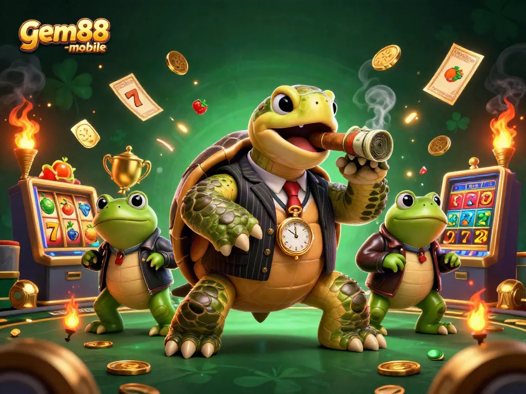 Experience excitement with gem88-mobile's vibrant casino scene featuring a massive turtle and bullfrog enforcers.