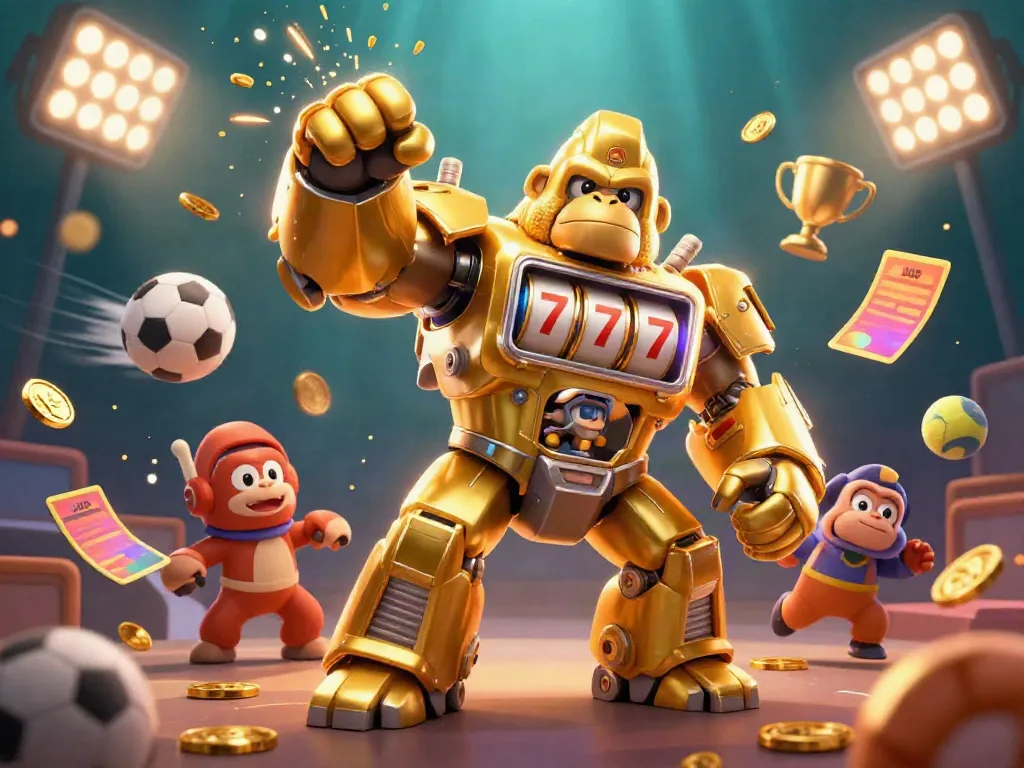 Engage in thrilling action with uu88 featuring a golden gorilla mech and dynamic sports elements.