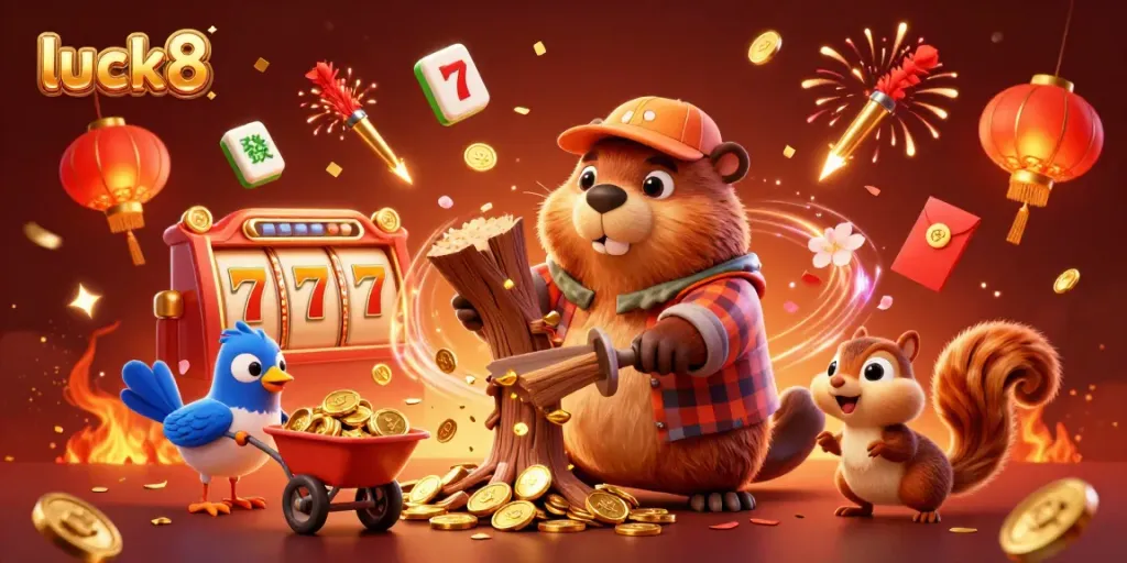 Experience luck8's thrilling games as a beaver chops a tree that rains coins, surrounded by energetic casino elements.