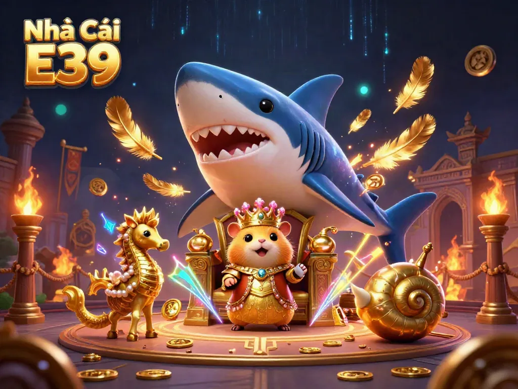 Experience the thrilling adventure at Nhà Cái E39, with animated characters and stunning casino elements.