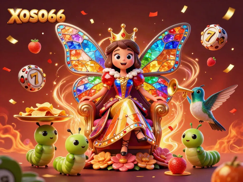 Engaging scene featuring XOSO66 with a colorful butterfly queen and casino slot elements, creating an immersive gaming atmosphere.