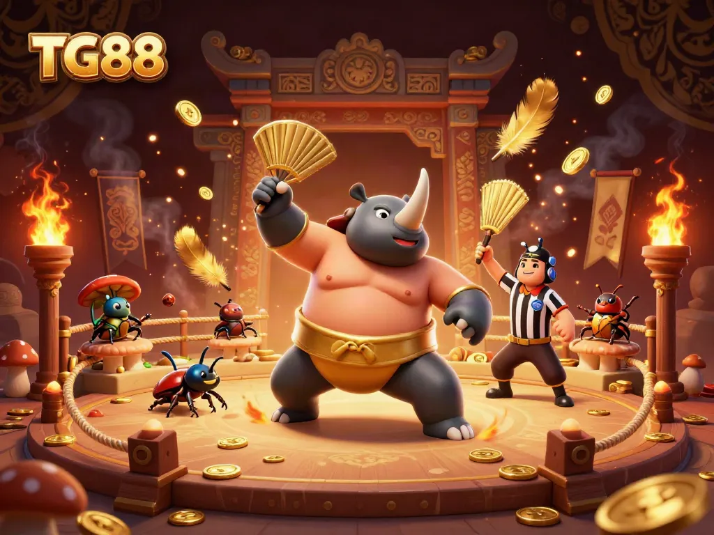 Experience the exciting action of TG88 with a vibrant cartoon scene of a sumo beetle champion amidst swirling coins and betting tokens.