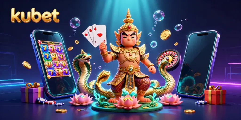 Kubet's vibrant online casino scene featuring a Thai temple guardian and dynamic game elements.