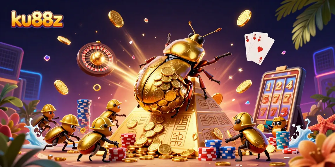 ku88z showcases a colorful casino scene with a golden beetle rolling coins and vibrant gaming elements