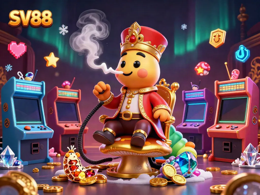 Enjoy SV88's vibrant gaming scene with a 3D cartoon caterpillar master and casino elements.