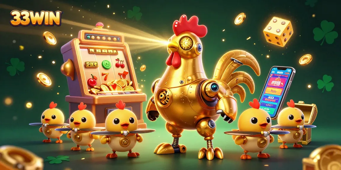 Engage with 33WIN's vibrant casino world featuring golden rooster robot and jackpot excitement.