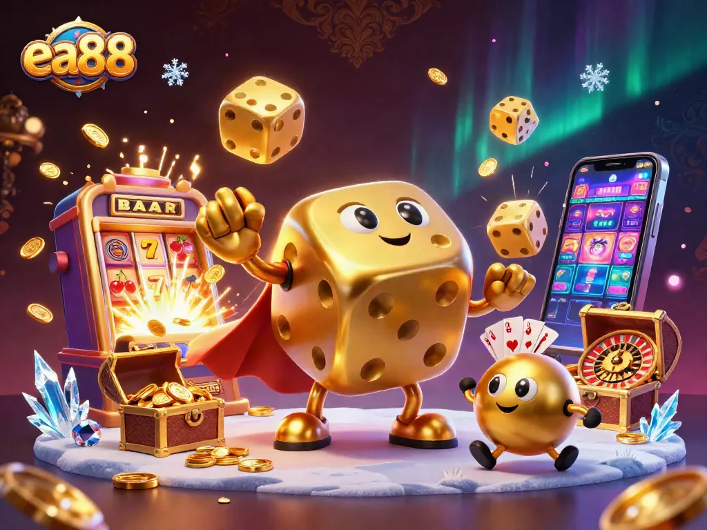 ea88 trải nghiệm cá cược tại một sòng bạc với xúc xắc vàng, máy đánh bạc và ánh sáng hào nhoáng.