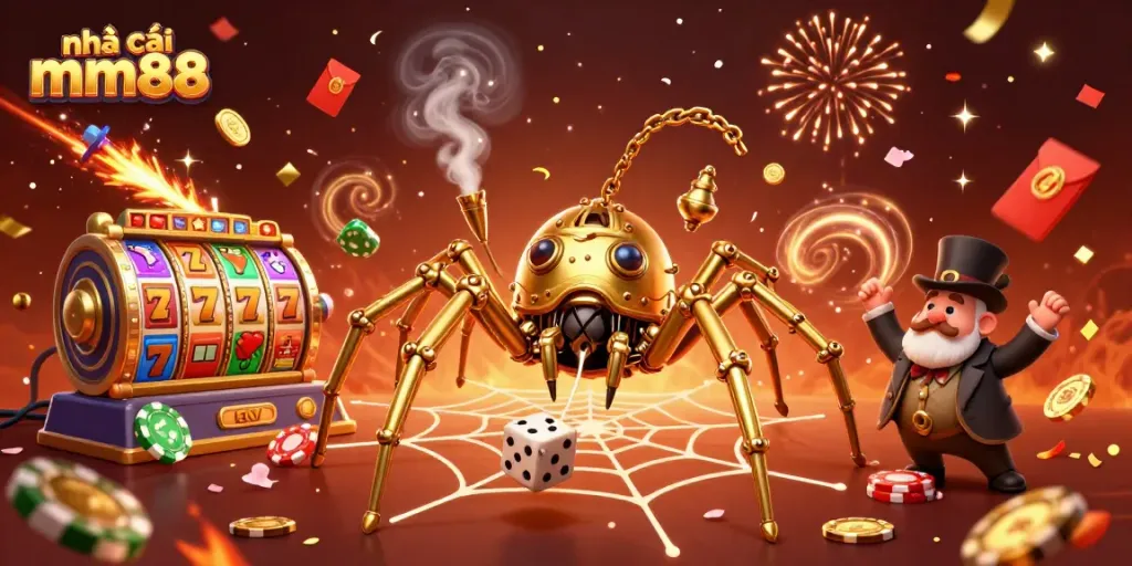 Engage with nhà cái mm88 in a vibrant, action-packed casino scene highlighting steampunk characters and festive elements.