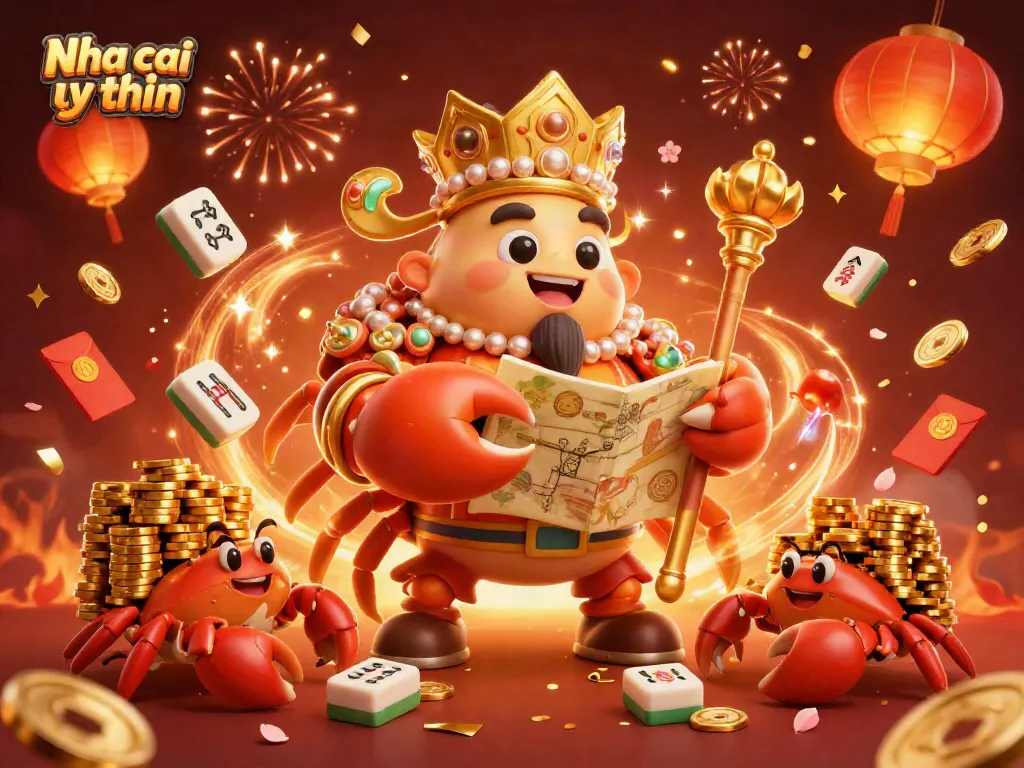 Nha cai uy tin showcases a vibrant illustration of a golden crab emperor in an exciting casino environment.