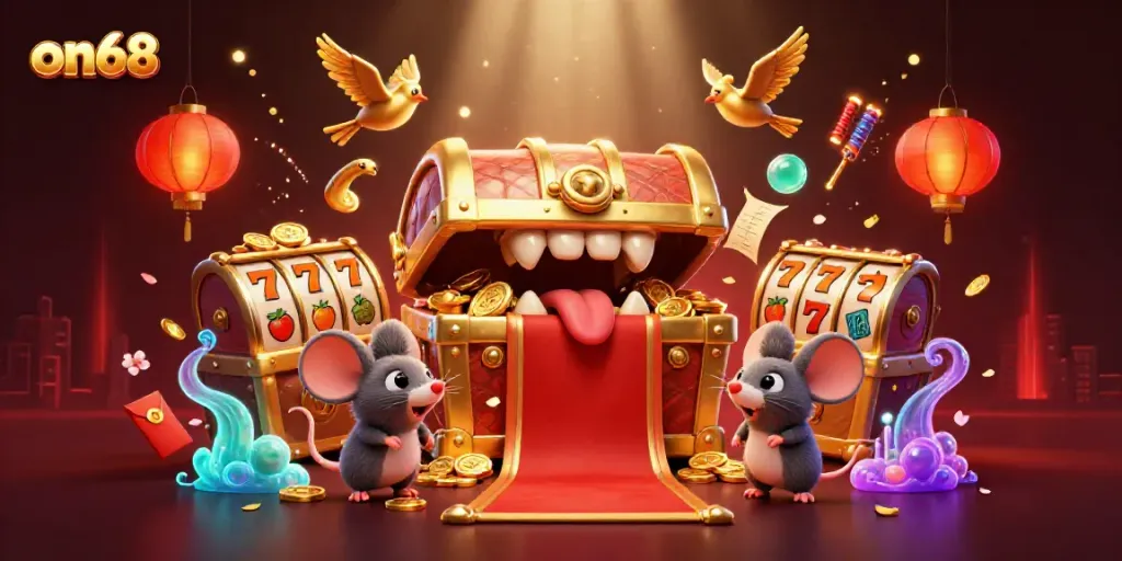 Engage with on68, featuring a vibrant 3D casino scene with animated treasures and festive decorations that lure adventurers.