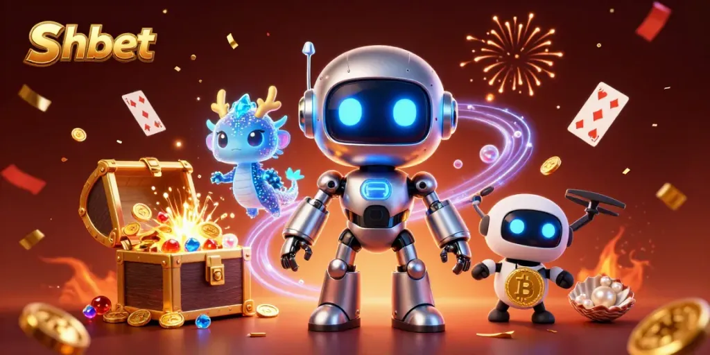 Experience the vibrant excitement of shbet with a futuristic robot and holographic dragon amidst gaming treasures.