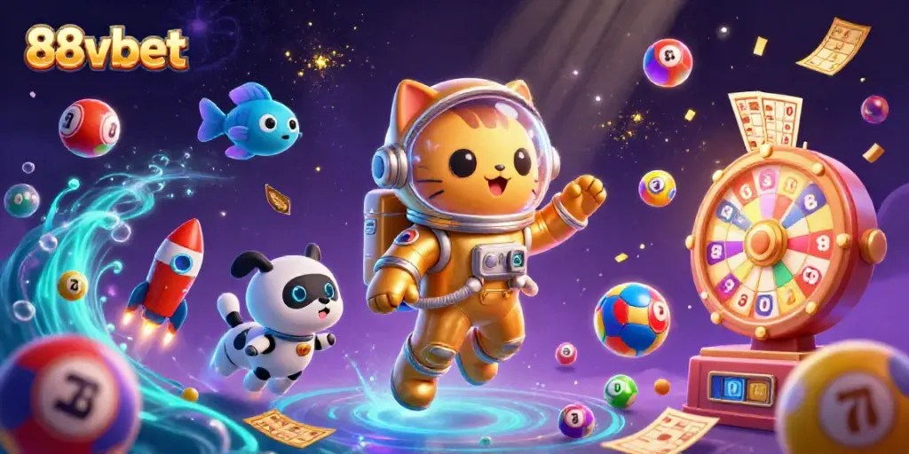 Experience the excitement of 88vbet through a vibrant 3D illustration of a space-themed gambling scene.