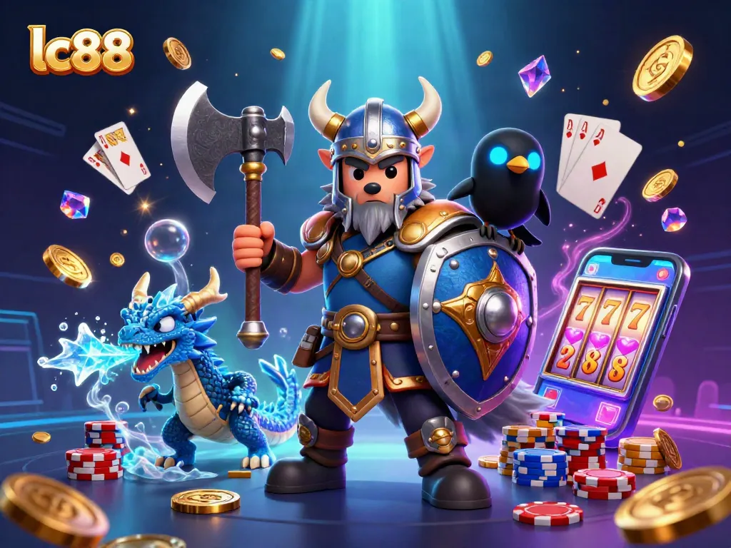 Engage with LC88 gameplay featuring a Viking wolf warrior in a dynamic casino scene with stunning visual effects.